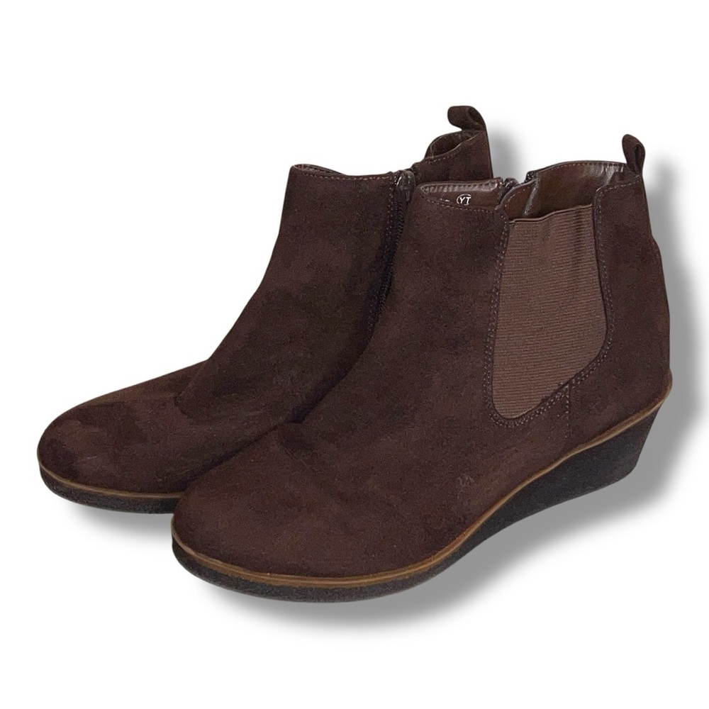 Size 6.5 Aerosoles Brown Faux Suede Wedge Booties Stretch Ankle Side Zip Comfort